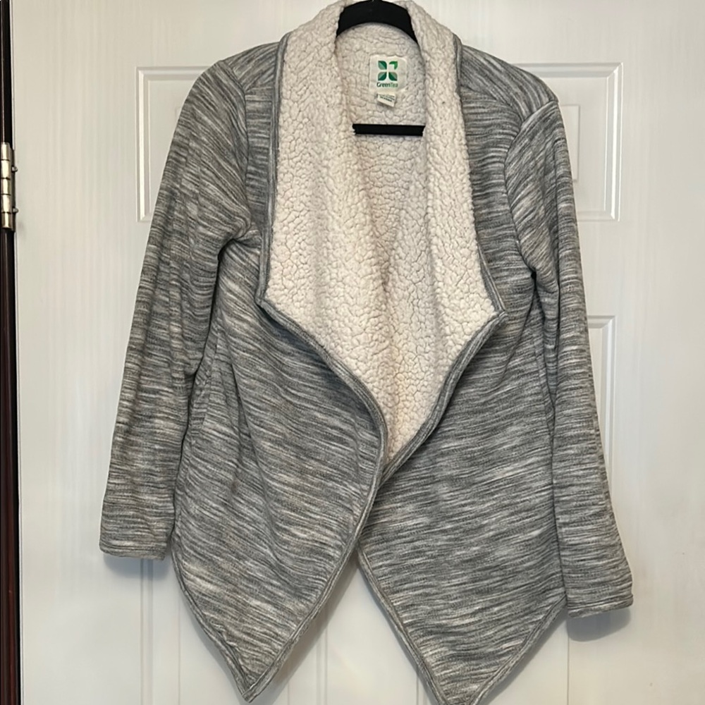 GreenTea Fleece Sherpa Lined Open Front Jacket L Cardigan Heather Gray Casual